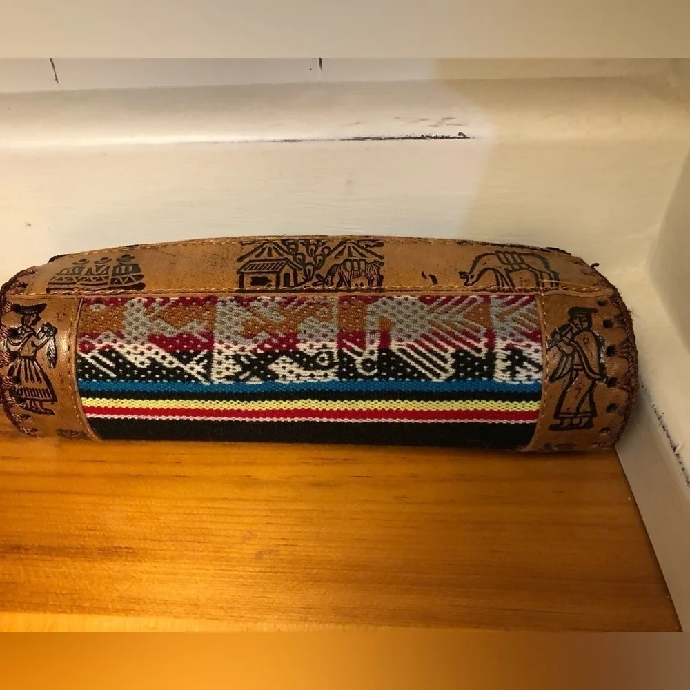 Boho Peruvian Leather Cylinder Pouch with Llama/Geometric Tooled Art